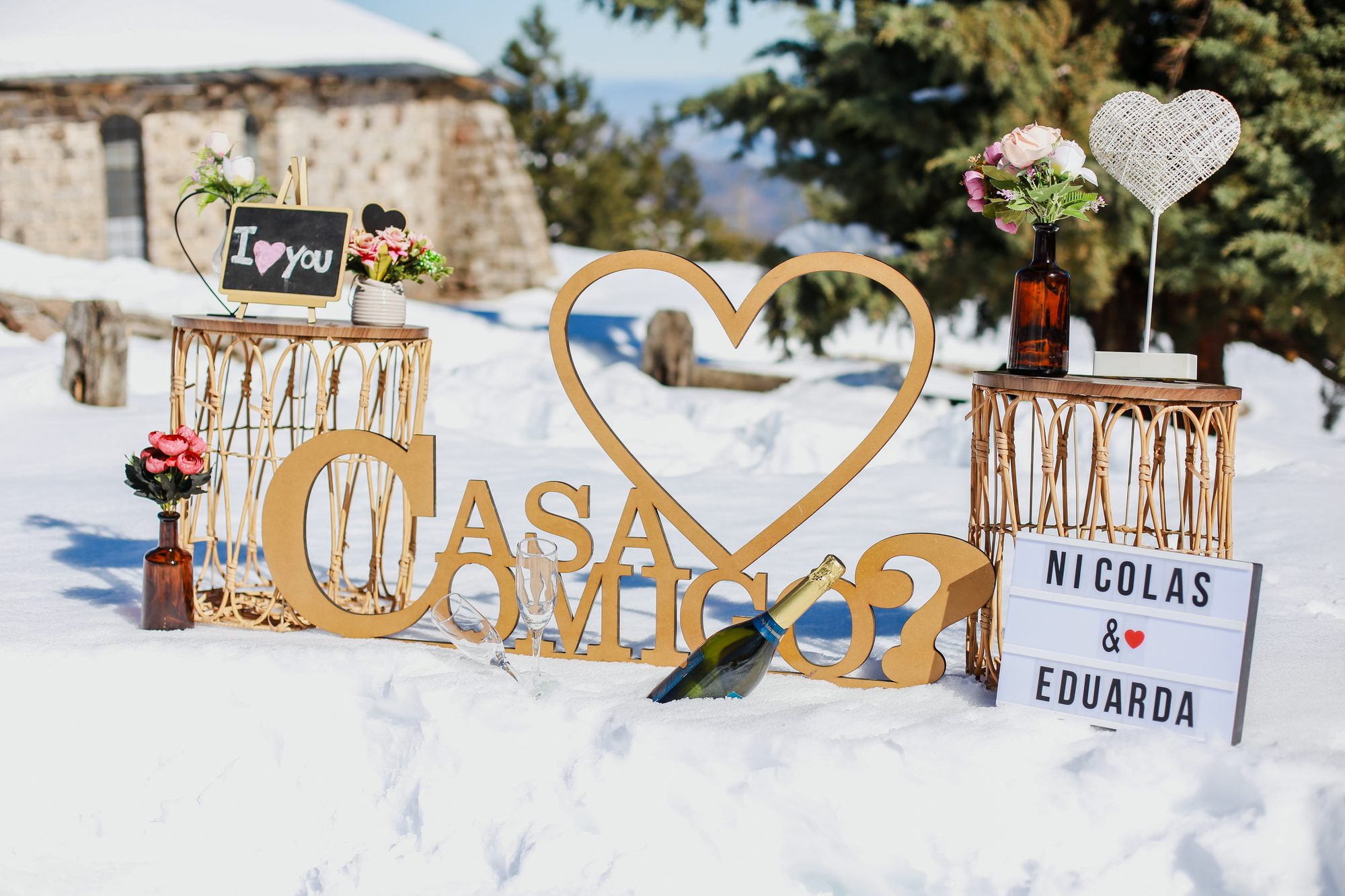 Momento do pedido de casamento na neve
